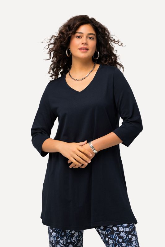 V-Neck Swing A-line Hem Cotton Knit Tunic