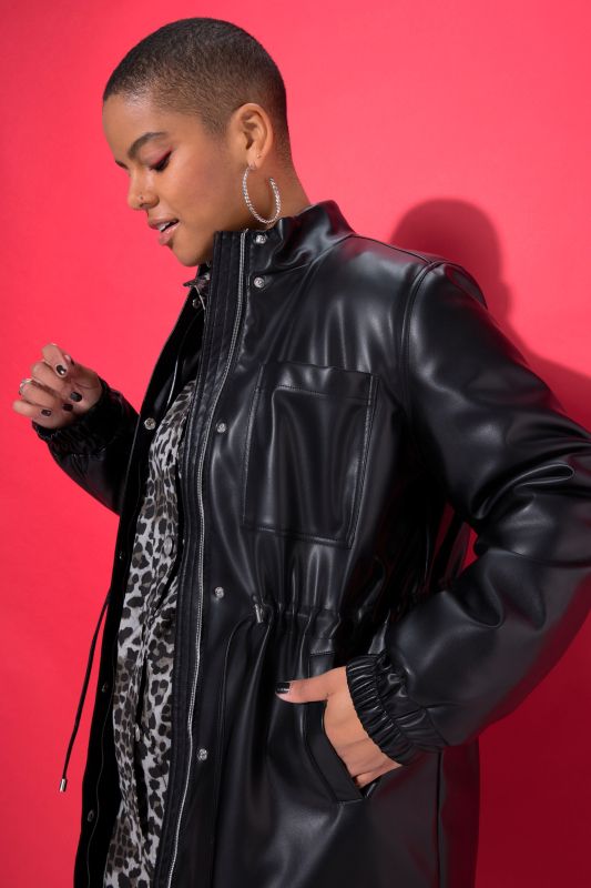 Long Faux Leather Drawstring Waist Coat