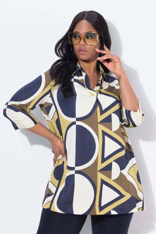 Geometric Print 3/4 Sleeve Satin Tunic Blouse