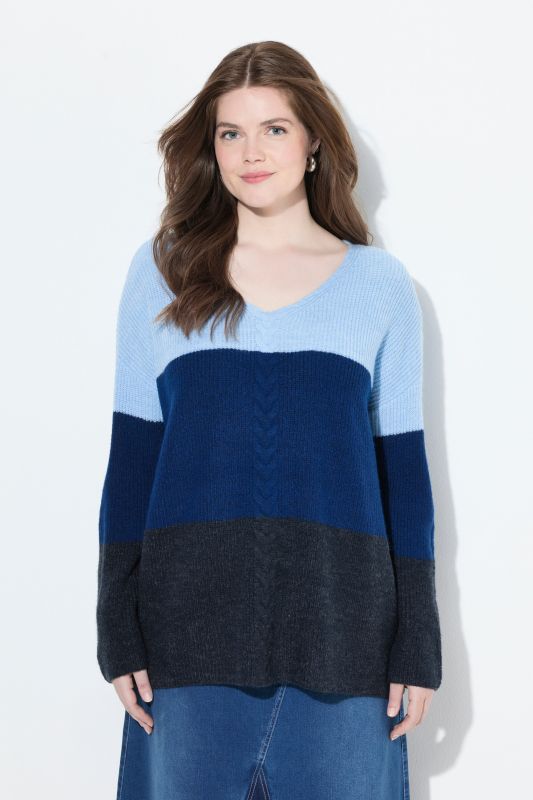 Cable Knit Block Stripe V-Neck Sweater