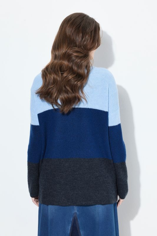 Cable Knit Block Stripe V-Neck Sweater