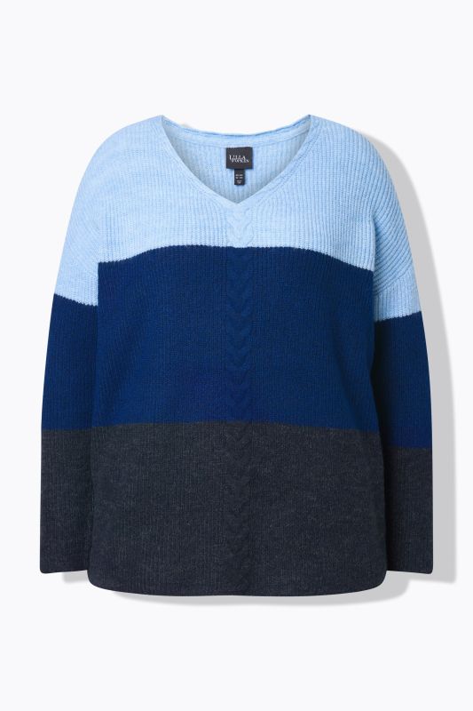 Cable Knit Block Stripe V-Neck Sweater