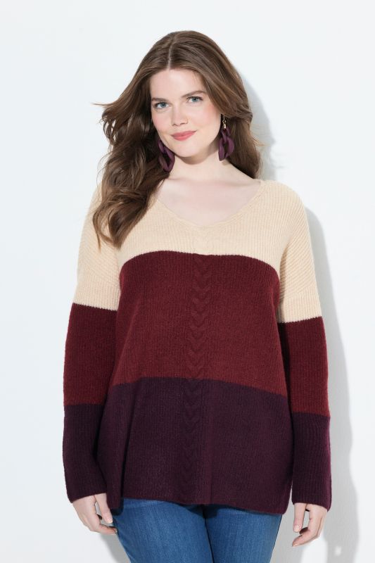 Cable Knit Block Stripe V-Neck Sweater