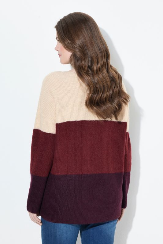 Cable Knit Block Stripe V-Neck Sweater