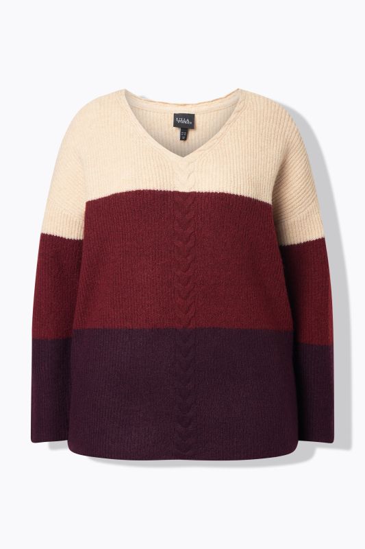 Cable Knit Block Stripe V-Neck Sweater