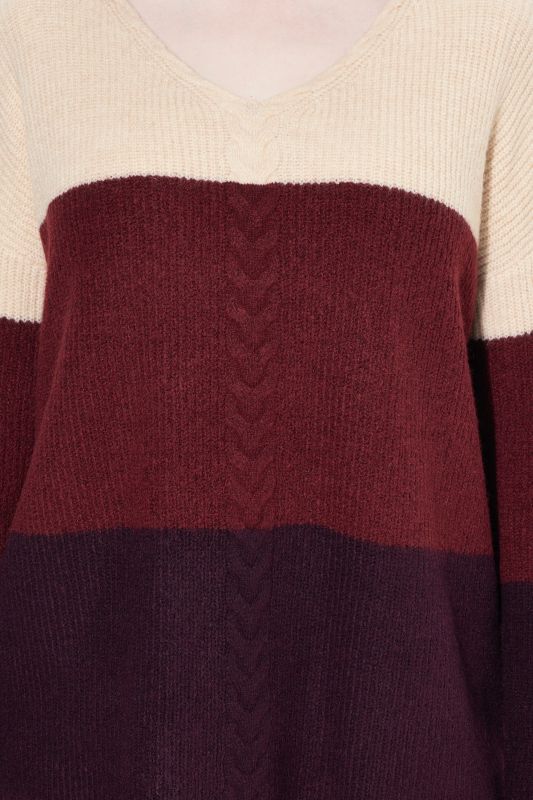 Cable Knit Block Stripe V-Neck Sweater