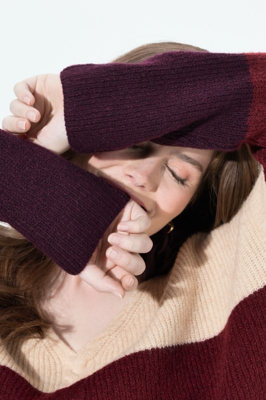 Cable Knit Block Stripe V-Neck Sweater