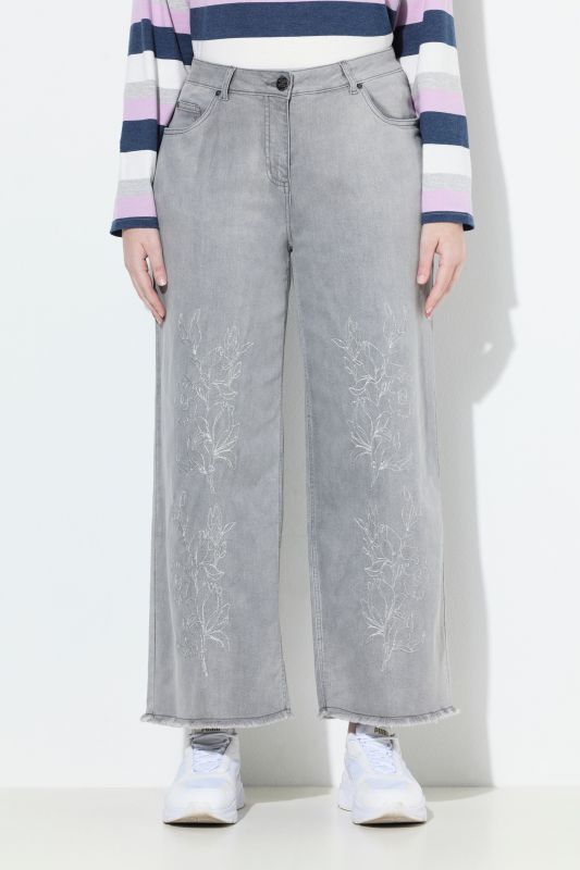 Embroidered Wide Leg Fringed Hem Jeans