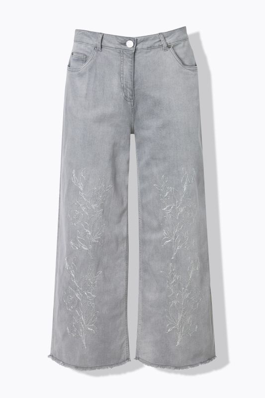 Embroidered Wide Leg Fringed Hem Jeans