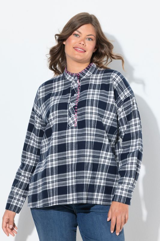Contrast Color Ruffle Trim Flannel Blouse