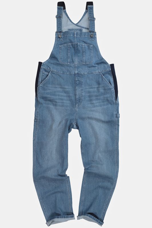 Dungarees, denim, many pockets, elastic inserts, relaxed fit
