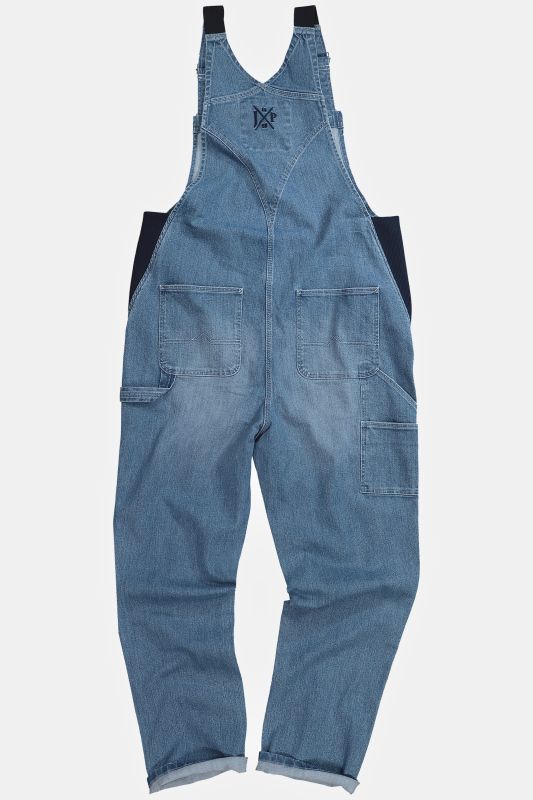 Dungarees, denim, many pockets, elastic inserts, relaxed fit