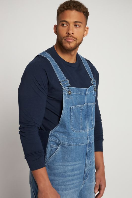 Dungarees, denim, many pockets, elastic inserts, relaxed fit