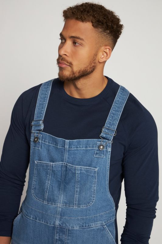 Dungarees, denim, many pockets, elastic inserts, relaxed fit