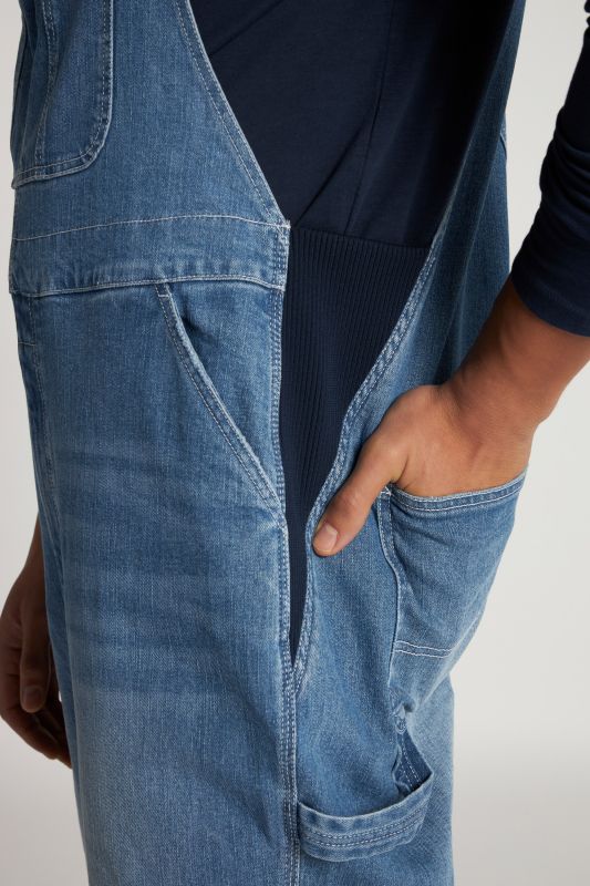 Dungarees, denim, many pockets, elastic inserts, relaxed fit