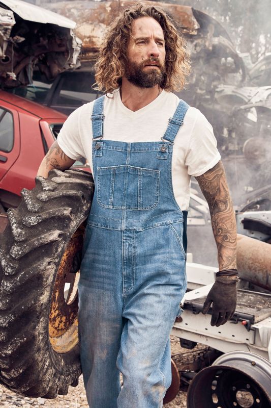 Dungarees, denim, many pockets, elastic inserts, relaxed fit