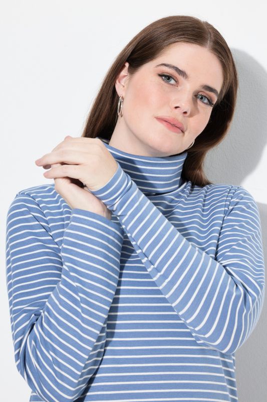 Eco Cotton Stripe Rib Knit Slim Fit Turtleneck