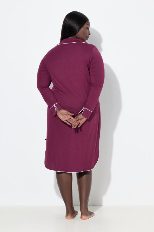 Piped Accent Lapel Collar Cotton Blend Knit Nightgown