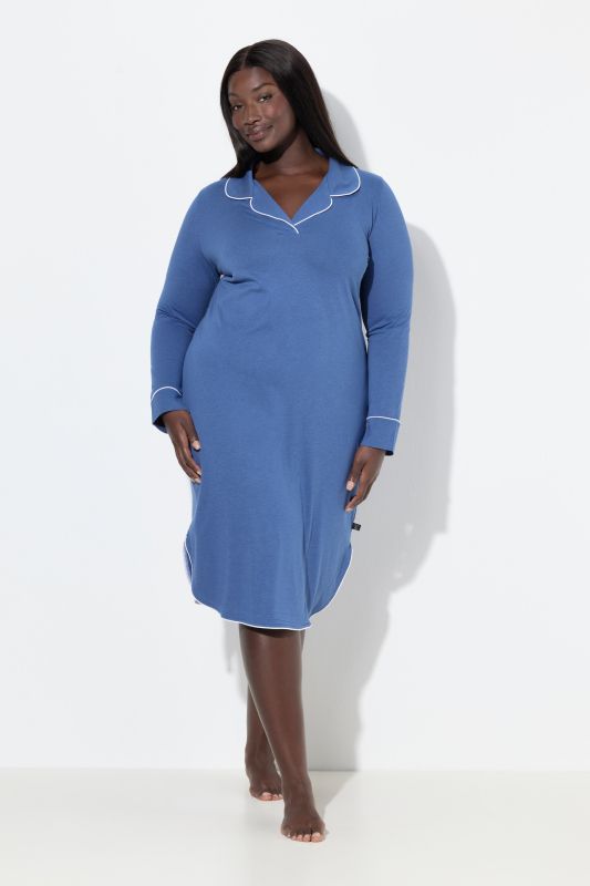 Piped Accent Lapel Collar Cotton Blend Knit Nightgown