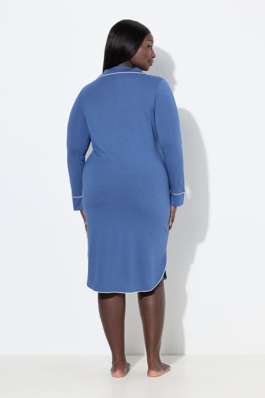 Piped Accent Lapel Collar Cotton Blend Knit Nightgown