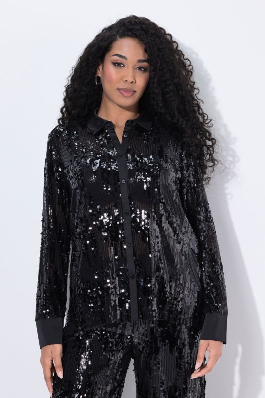 Sequined Long Sleeve Button Down Blouse