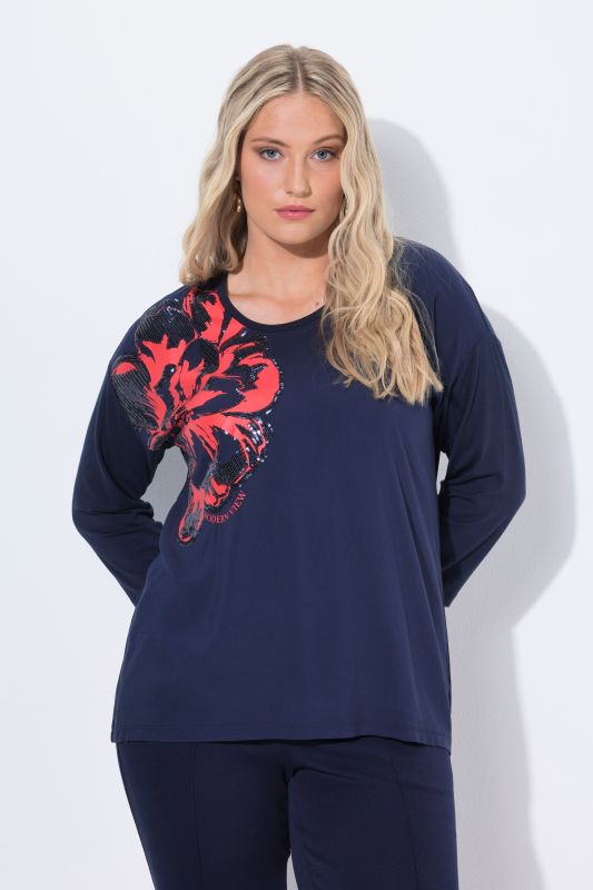 Sequined Flower Motif 3/4 Sleeve Tee