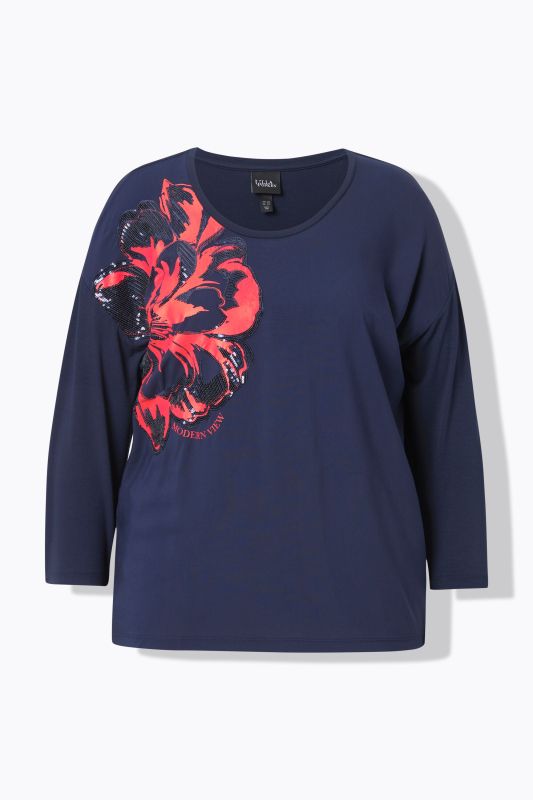 Sequined Flower Motif 3/4 Sleeve Tee