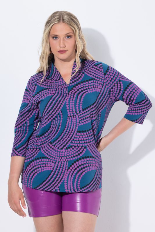Dot Wave Print 3/4 Sleeve Goblet Collar Tee