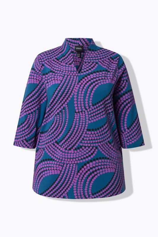 Dot Wave Print 3/4 Sleeve Goblet Collar Tee