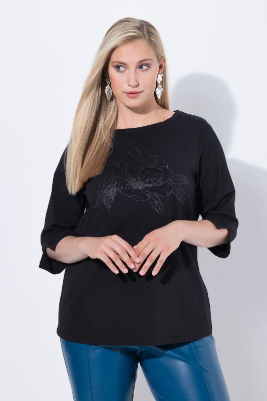 Sparkling Flower Motif 3/4 Sleeve Tee