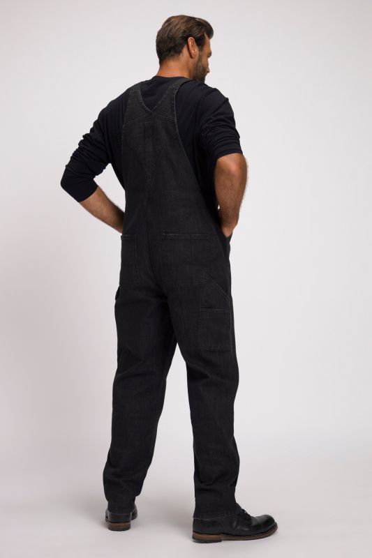 Dungarees, denim, many pockets, elastic inserts, relaxed fit