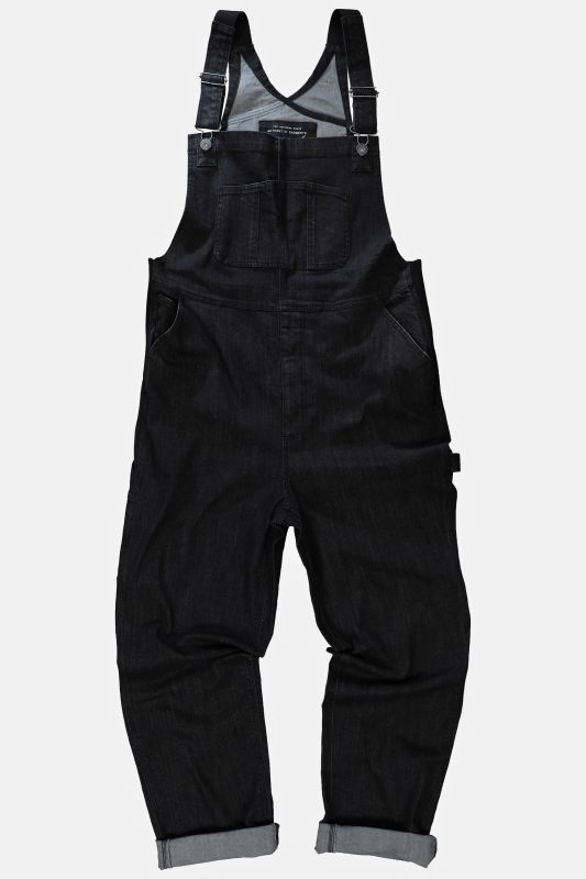 Dungarees, denim, many pockets, elastic inserts, relaxed fit