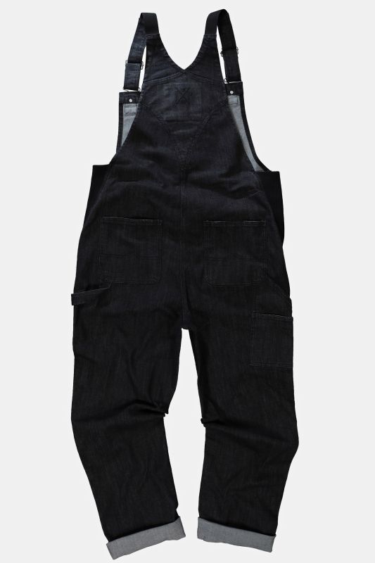 Dungarees, denim, many pockets, elastic inserts, relaxed fit