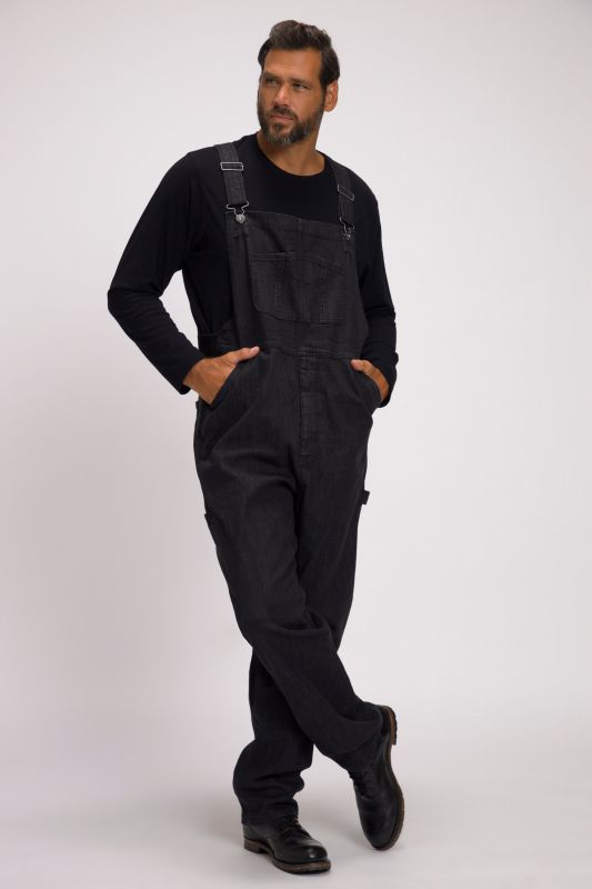Dungarees, denim, many pockets, elastic inserts, relaxed fit