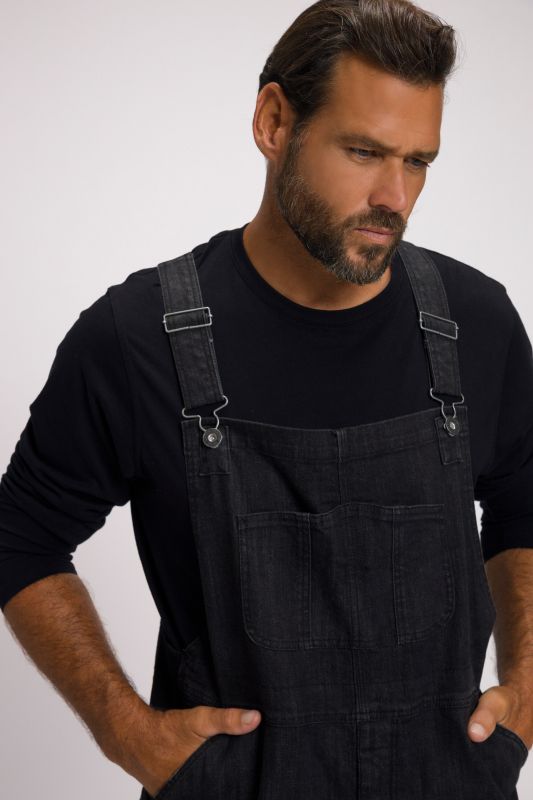 Dungarees, denim, many pockets, elastic inserts, relaxed fit