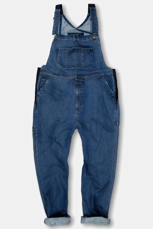 Dungarees, denim, many pockets, elastic inserts, relaxed fit