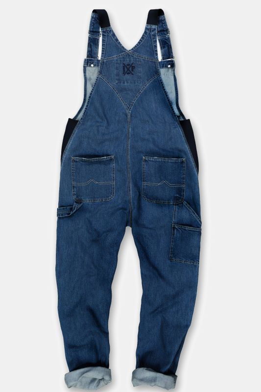 Dungarees, denim, many pockets, elastic inserts, relaxed fit
