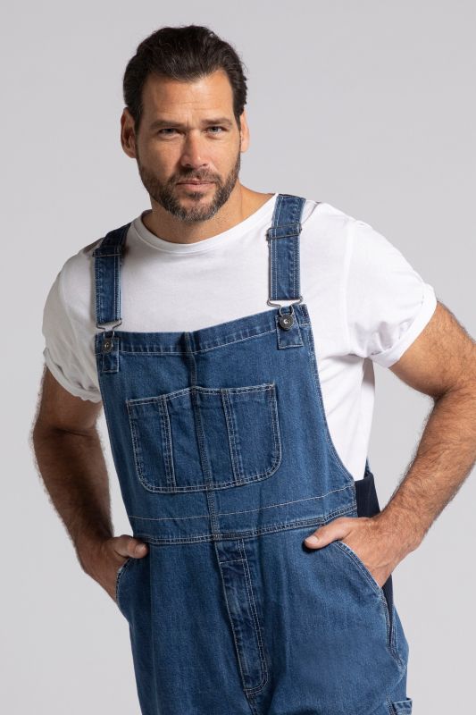 Dungarees, denim, many pockets, elastic inserts, relaxed fit