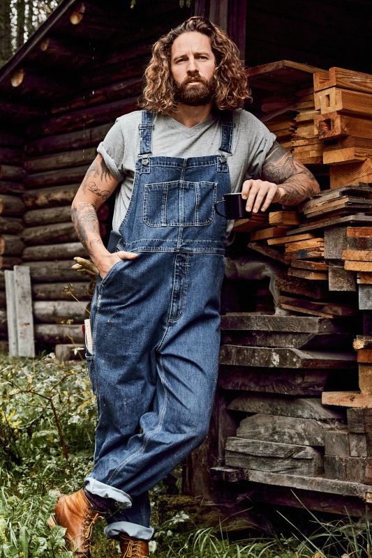 Dungarees, denim, many pockets, elastic inserts, relaxed fit