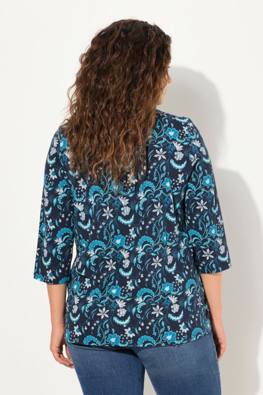 Pleated Floral 3/4 Sleeve A-Line Tee