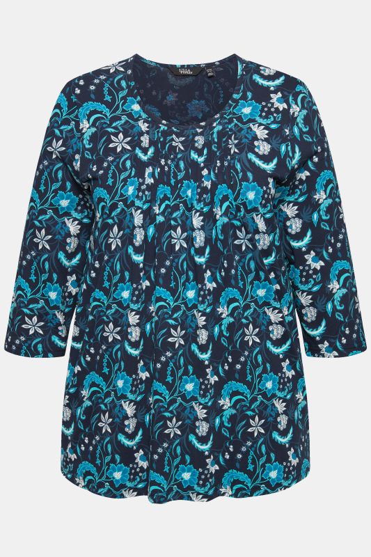 Pleated Floral 3/4 Sleeve A-Line Tee