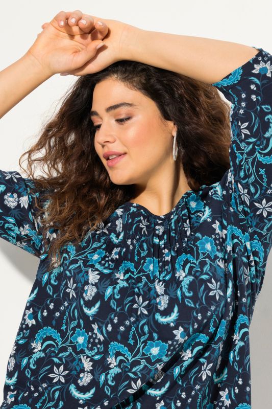 Pleated Floral 3/4 Sleeve A-Line Tee