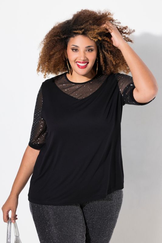 Sequined Mesh Sleeve Blouse