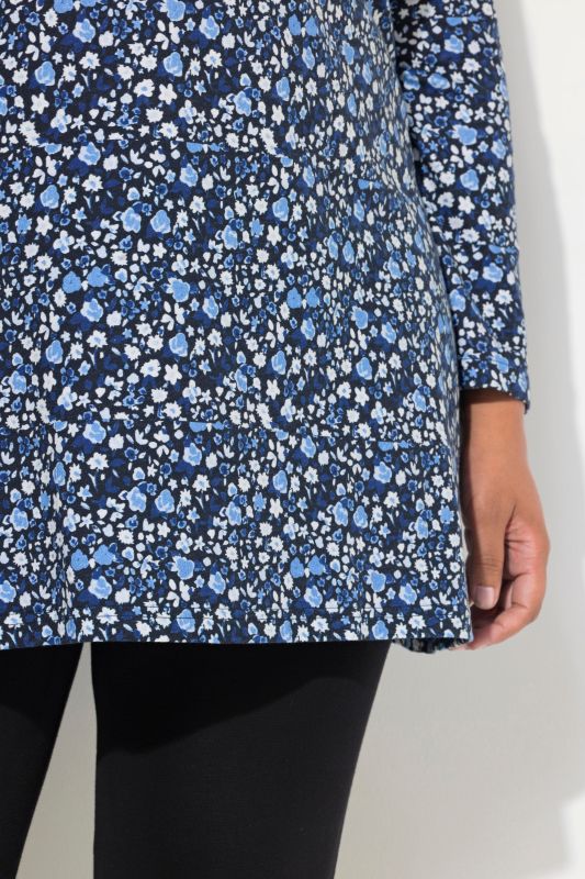 Polka Dot Print V-Neck Long Sleeve Swing Cotton Knit Tunic