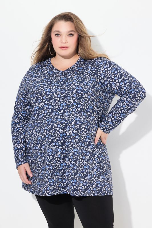 Polka Dot Print V-Neck Long Sleeve Swing Cotton Knit Tunic