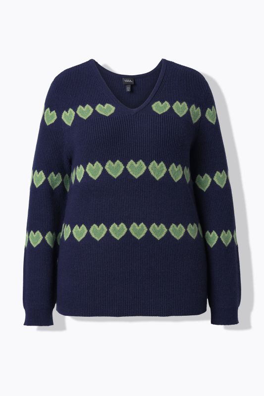 Heart Print Long Sleeve V-Neck Sweater