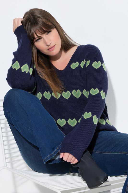 Heart Print Long Sleeve V-Neck Sweater