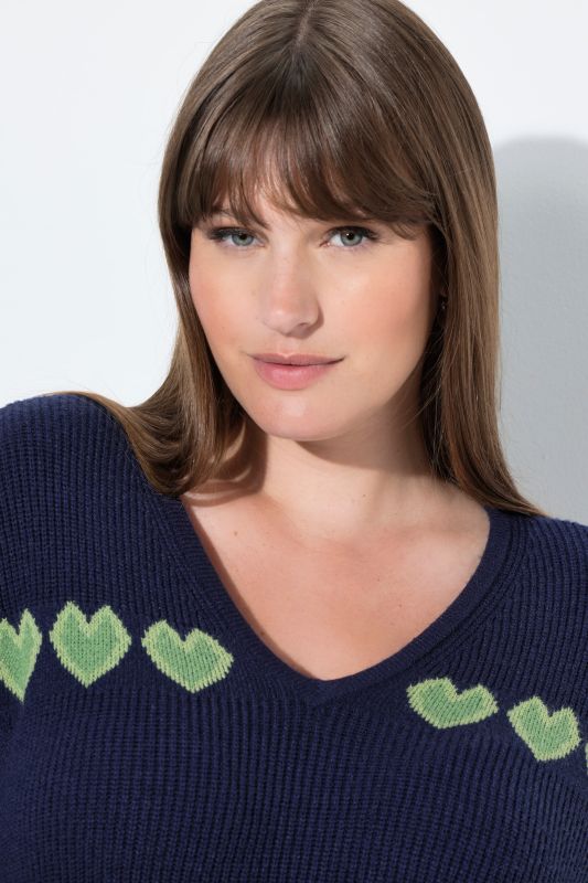 Heart Print Long Sleeve V-Neck Sweater