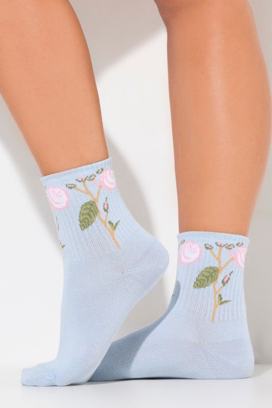 Ribbed Cuff Floral Detail Crew Socks