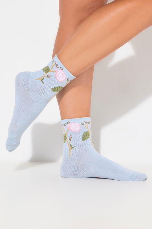 Ribbed Cuff Floral Detail Crew Socks